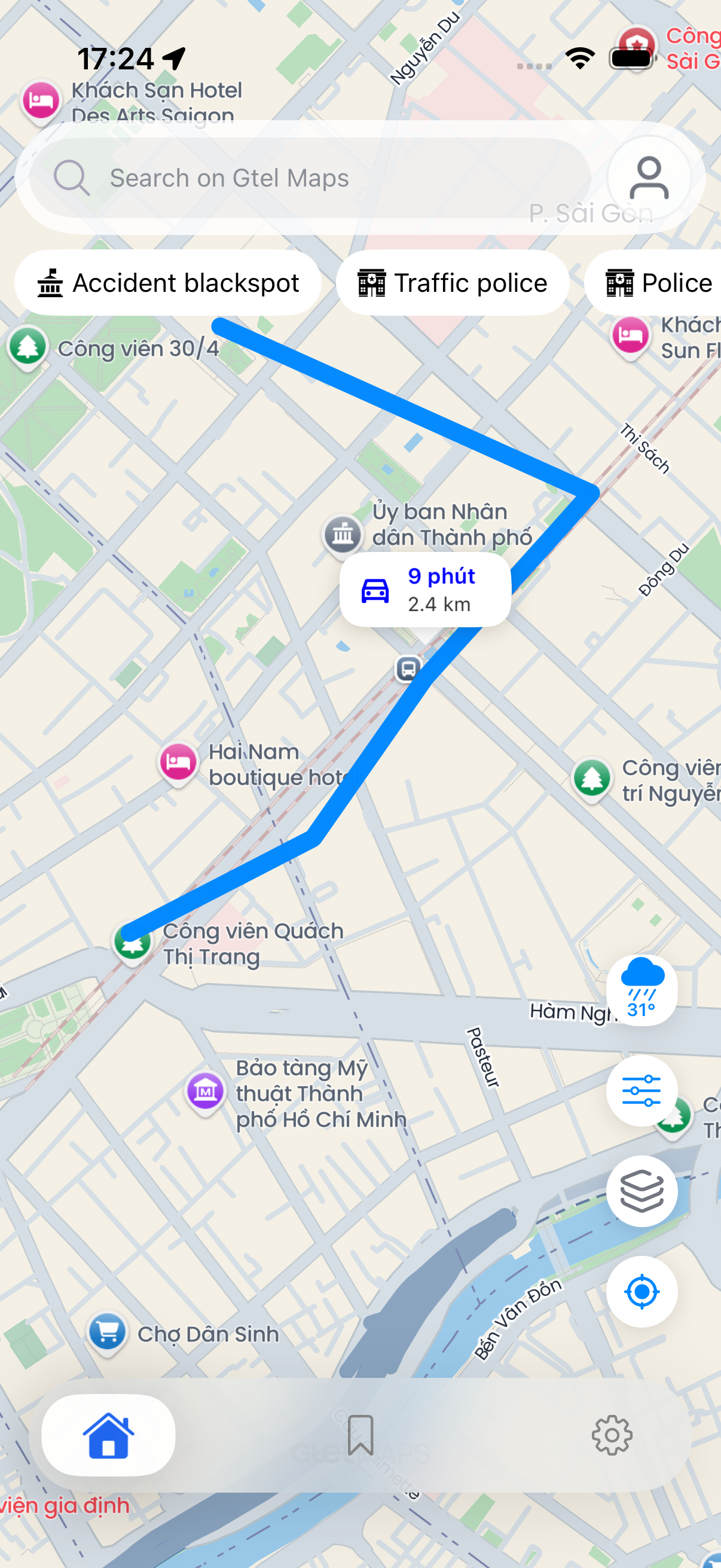 Route rendered on the map